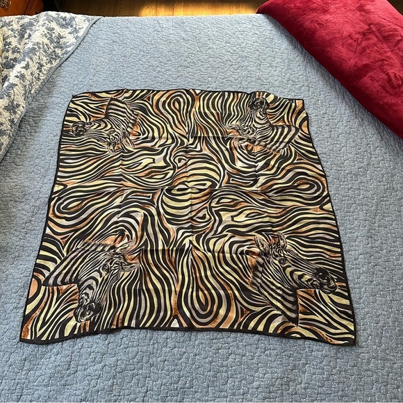 Zebra Print Scarf Black & Rust Safari Silk Feeling Vintage Roller Hem 28” Square - Picture 8 of 10